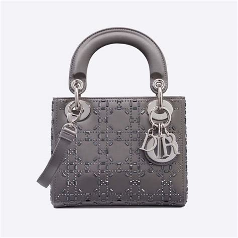 Mini Lady Dior Bag Gray Strass Cannage Satin .